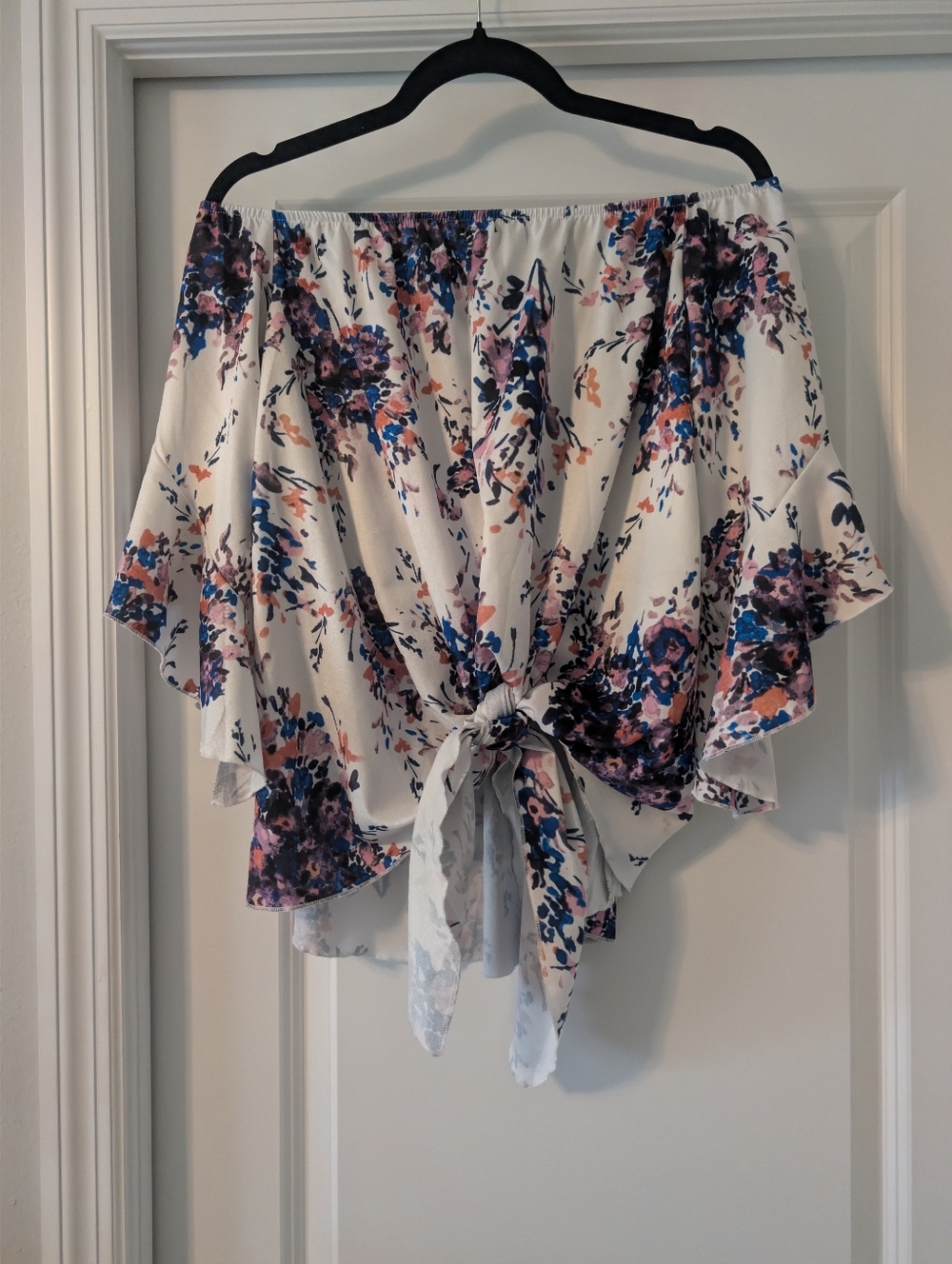 Floral Off-Shoulder Tie-Front Top - White with Blue & Pink Floral
